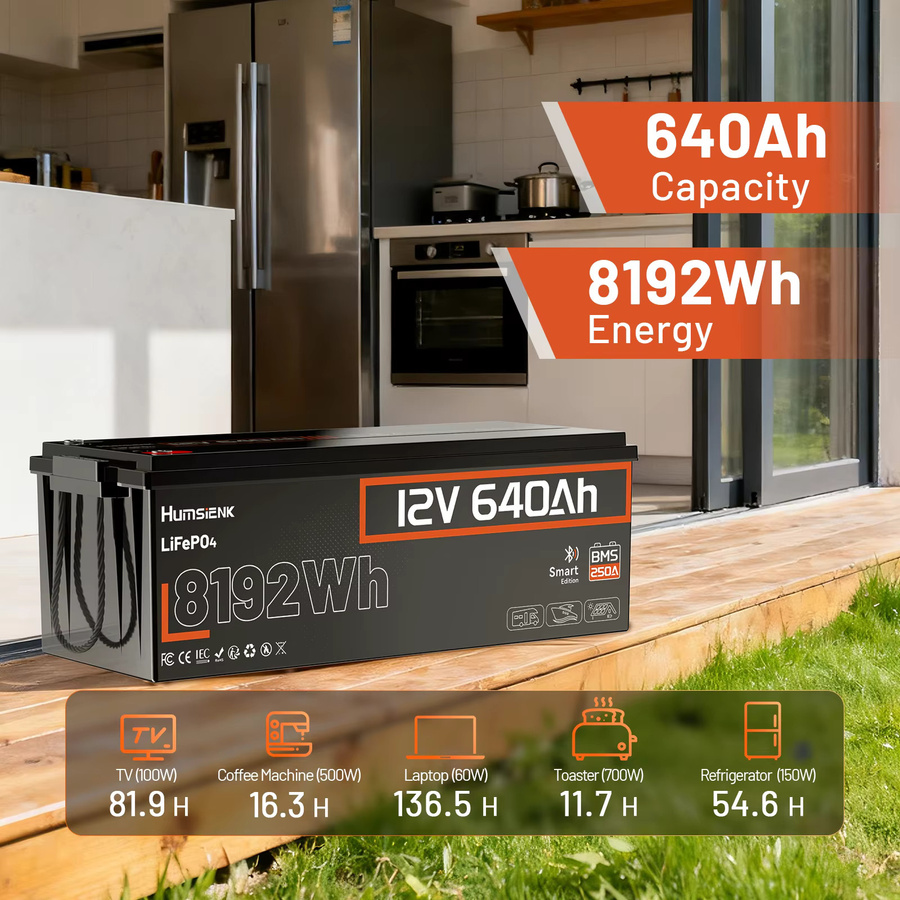 Humsienk 12V 640Ah LiFePO4 Lithium-Batterie mit Bluetooth in Schwarz, 250A BMS, 15000+ Zyklen, IP65 & Tieftemperaturschutz, 8192Wh Ausgangsleistung - Bild 6