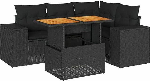 vidaXL 5-tlg Garten-Sofagarnitur in L-Form aus Polyrattan und Akazienholz mit Kissen in Schwarz - Bild 1