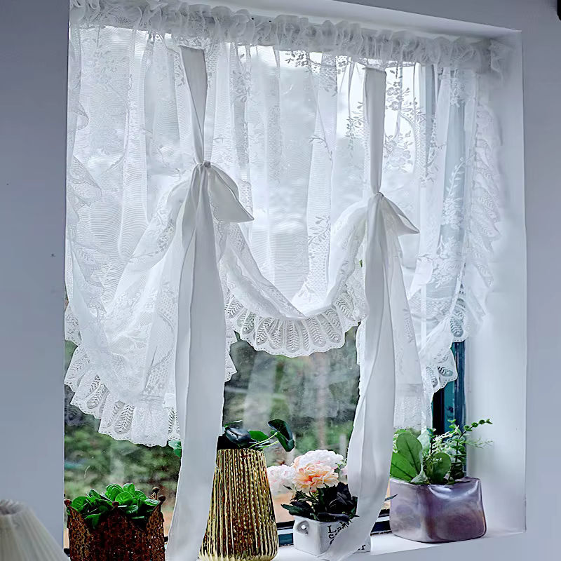AiFish Transparenter Tüllvorhang mit weißem Blumenmuster und Spitzenbesatz im Shabby Chic Stil für Fenster und Türen - Bild 2