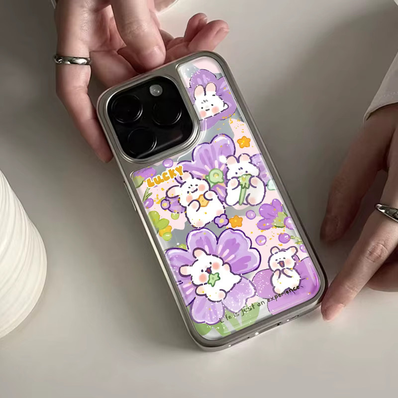 DecoPhone Stoßfeste Handyhülle mit lila Kaninchen-Hydrogel-Rückplatte und silbernem Rand für iPhone 17, 16, 15, 14 Pro Max - Bild 3