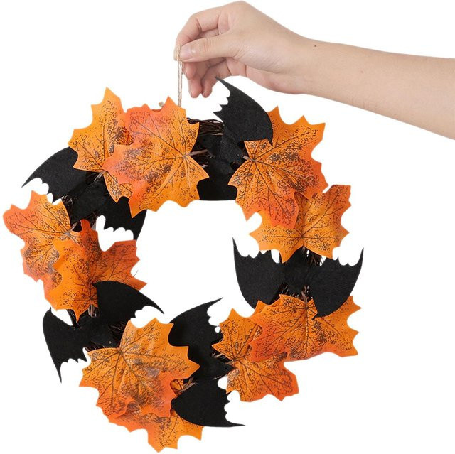 Halloween Haustür-Kranz von Elestagequipment in Orange mit künstlichen Ahornblättern und Fledermäusen, Durchmesser: 40,64 cm - Bild 1