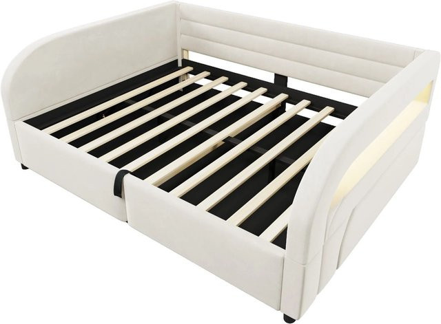 Merax Plattformbett mit Hydraulik-Stauraum und LED-Beleuchtung in Beige, B/T/H: 140 x 200 x 211 cm - Bild 1
