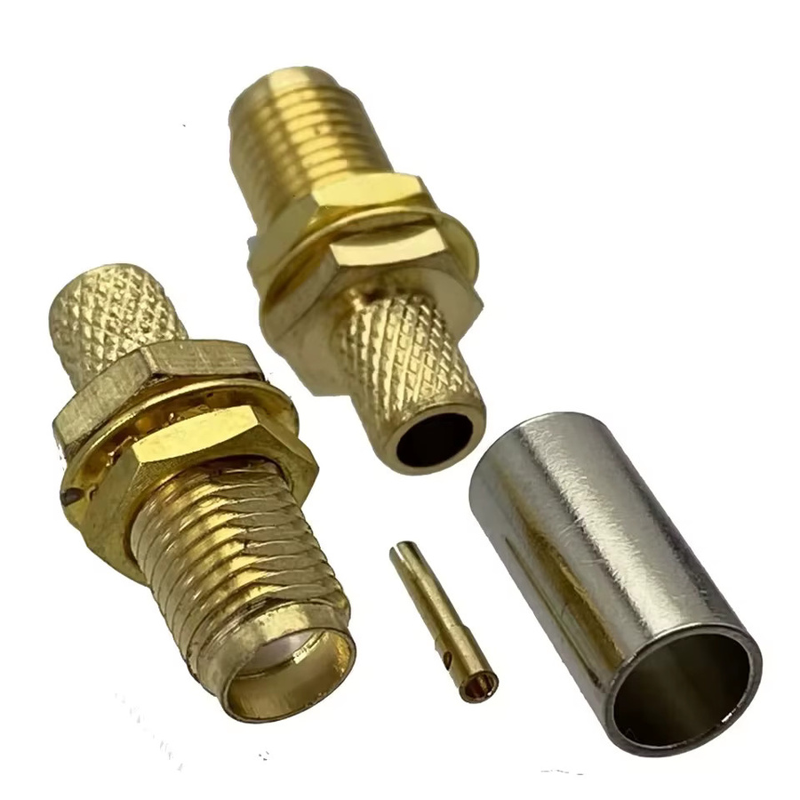 SMA Stecker und Buchse Set mit Schott Crimp für RG316 RG174 RG58 RG142 LMR195 Koaxialkabel in Gold - Bild 2