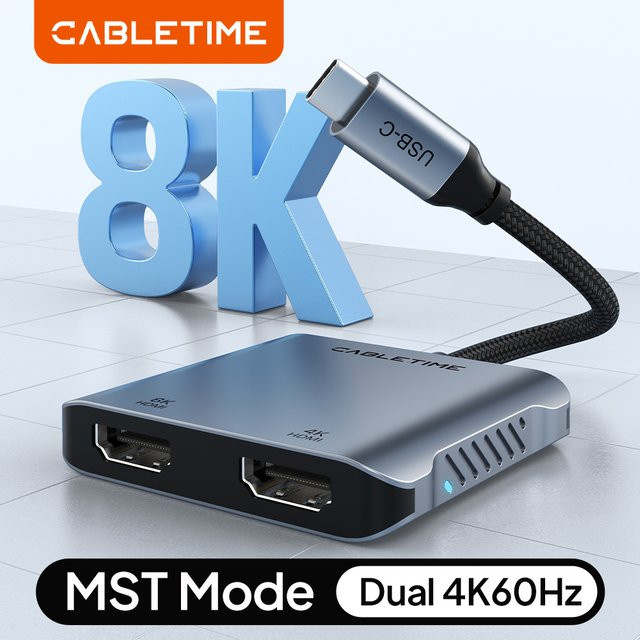CABLETIME USB C zu HDMI Adapter MST Konverter für 4K und 8K mit Dual HDMI für Dreifach-Display, kompatibel mit M1/M2/M3, Windows und Mac, Grau - Bild 1