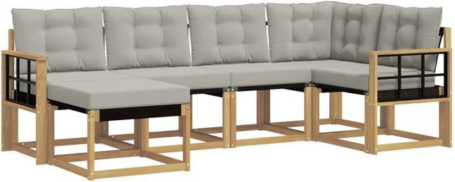 vidaXL Outdoor-Sofagarnitur 6-teilig in L-Form aus Akazienholz und Textilene mit Kissen in Weiß und Hellgrau - Bild 1
