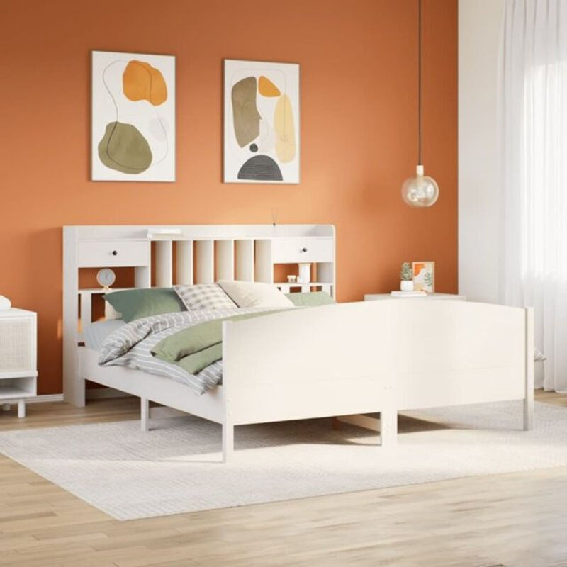 Massivholzbett Vidaxl aus Kiefer mit Regal in Weiß, B/T/H: 180 x 200 x 110 cm - Bild 1