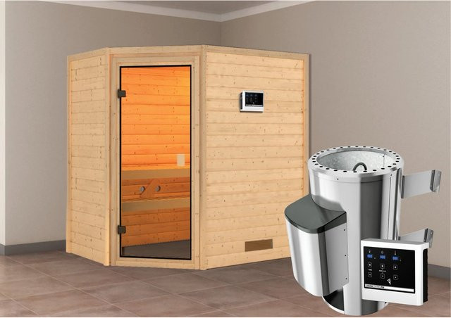 Karibu Massivholzsauna Jella aus Fichte in Natur mit 3,6 kW Ofen und externem Steuergerät B/T: 195 x 145 cm - Bild 1