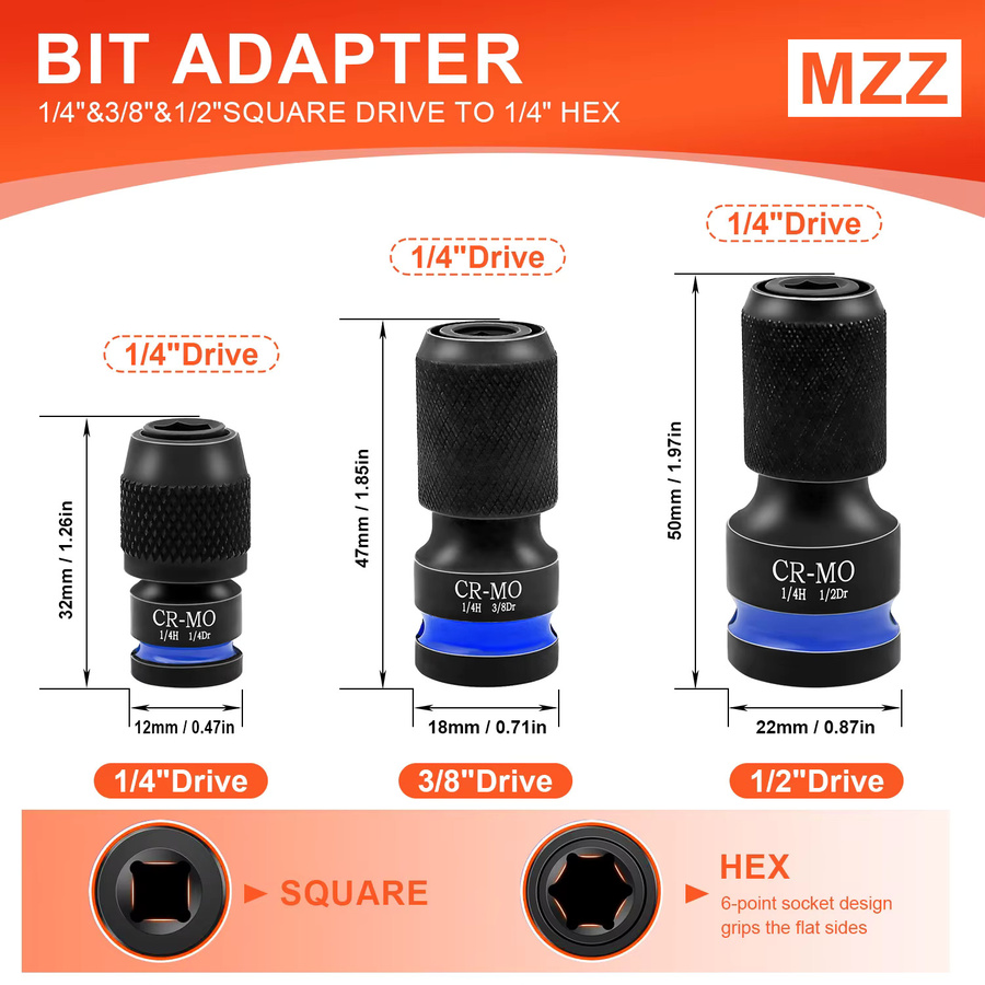 NIUXIANG Schlag-Sechskant-Konverter Set, 3 Stück Adapter von 1/2 3/8 1/4 Zoll Vierkantantrieb auf 1/4 Zoll Innensechskant-Schnellwechsel für Schraubendreher und Bohrer - Bild 2