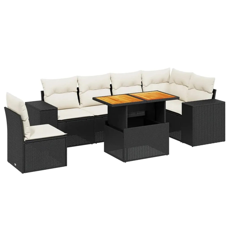 vidaXL 7-teilige Garten-Sofagarnitur in L-Form aus Poly-Rattan und Akazienholz mit Kissen in Schwarz-Creme - Bild 2