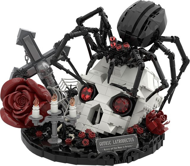 GOBRICKS Gotische Blumen-Spinnen-Bausteine, 3D-Schädel-Blumen mit Kreuz, ab 14 Jahren - Bild 1