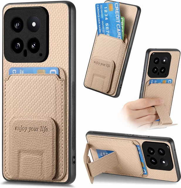 Klappbare Karten-Schutzhülle mit Kickstand für Xiaomi Redmi Note 10 11S 12 13 Pro Plus 14 Lite 12T 13T und POCO X5 X6 F5 in Braun - Bild 1