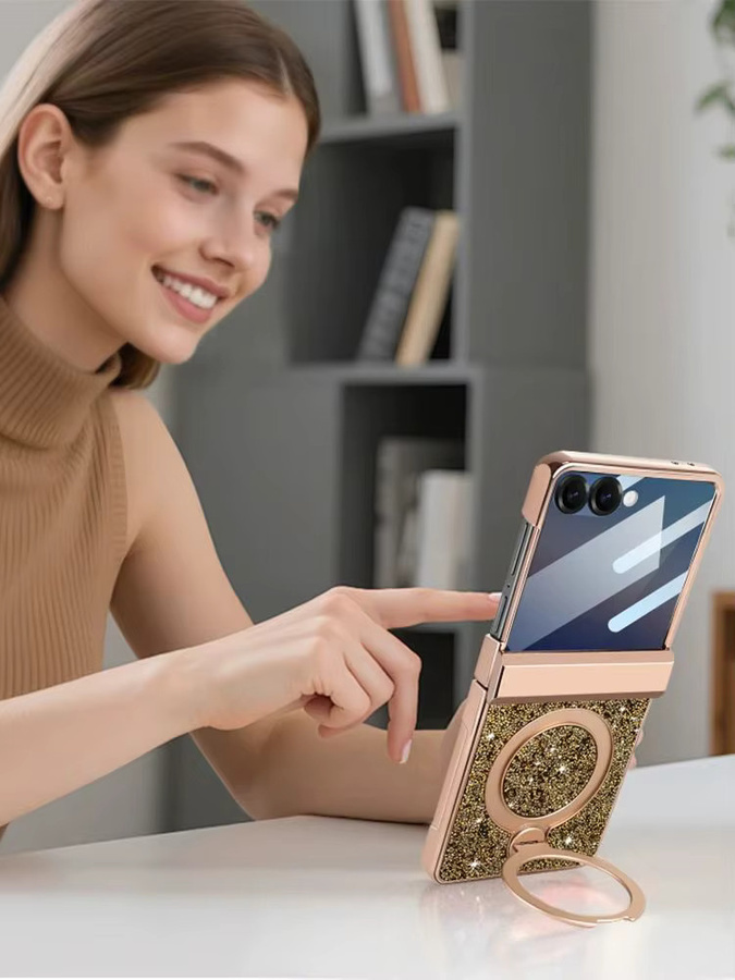 Glitzer-Kunstleder-Handyhülle für Samsung Z Flip 7 und Samsung Z Flip 6 in Gold mit magnetischem drehbarem Ständer, Anti-Spionage-Folie und Scharnierschutz - Bild 5