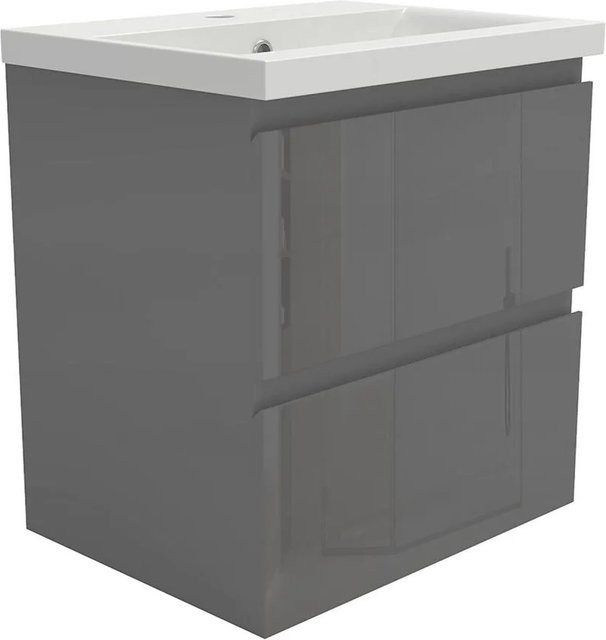 AICA Badmöbel Aalst 2-teiliges Waschbecken-Set mit Keramik-Waschtisch und Unterschrank in Anthrazit Hochglanz, Wandmontage, Grifflos mit Softclose-Schubladen, Breite: 50 cm, Höhe: 56 cm, Tiefe: 38,5 cm - Bild 1