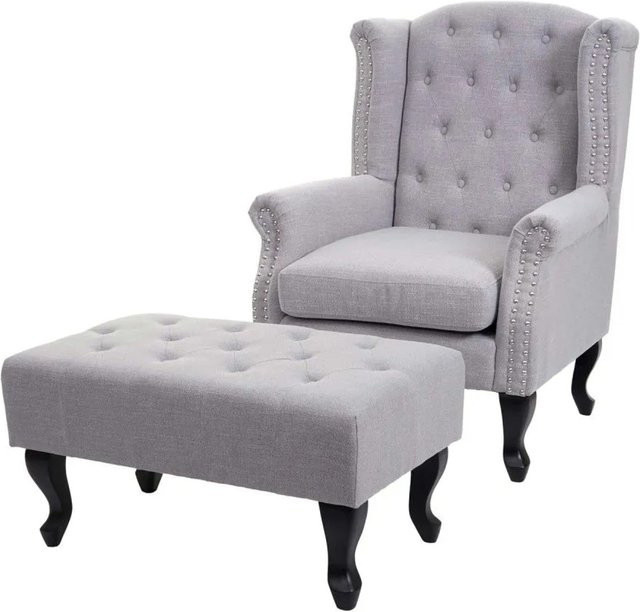 MCW Chesterfield Oxford Relaxsessel mit Ottomane in Grau mit Rautenmuster aus Stoff - Bild 2