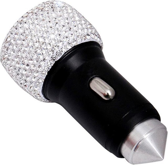 Handgefertigtes Autoladegerät Bling Diamond mit Dual USB Autoadapter und Sicherheitshammer in Weiß - Bild 1