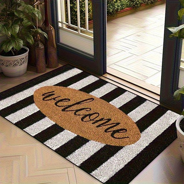 HuhuBun Willkommens-Fußmatte Oval Gestreift in Grau Schwarz B: 43 cm, L: 120 cm - Bild 1