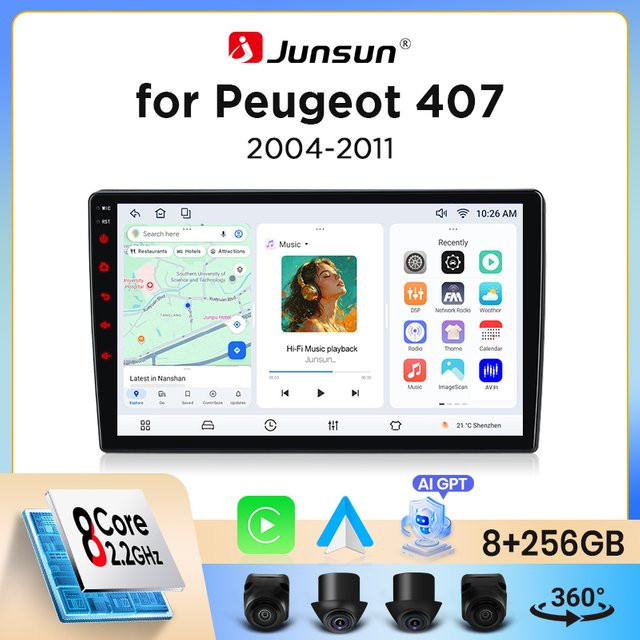 Junsun Kabelloses CarPlay und Android Auto Autoradio für Peugeot 407 Limousine SW Coupé 2004-2011 mit GPS Navigation WiFi Bluetooth und integriertem Lüfter in Schwarz - Bild 1
