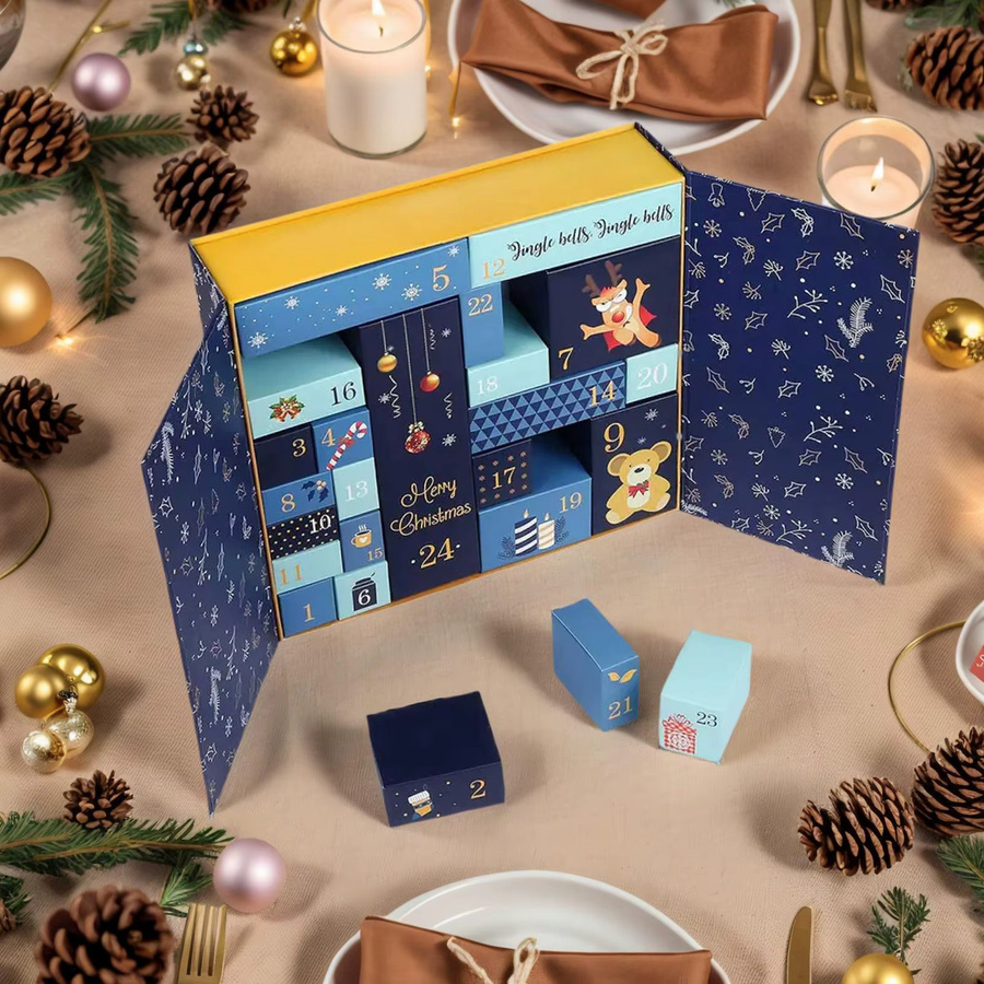 DIY Adventskalender aus Papier für 24 Tage, nachfüllbare Weihnachts-Countdown-Boxen in Blau für Süßigkeiten, Schmuck oder Spielzeug - Bild 2