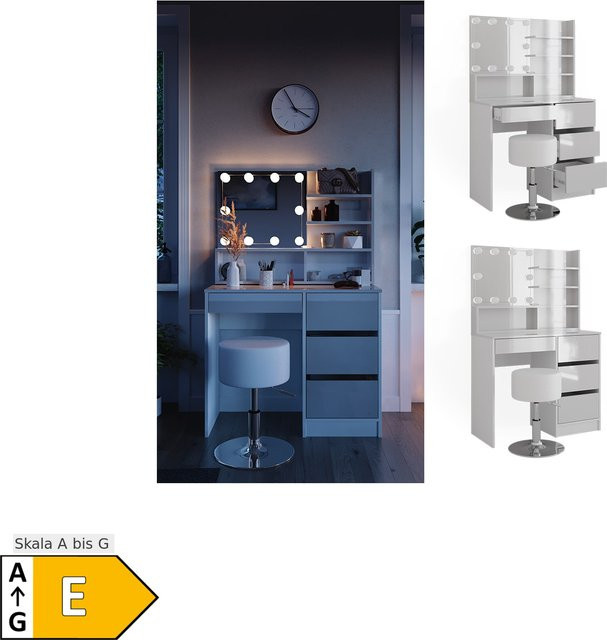Vicco Schminktisch Sherry Weiß Hochglanz mit LED-Spiegel und Hocker B: 90 cm, H: 140 cm, T: 45,1 cm - Bild 1