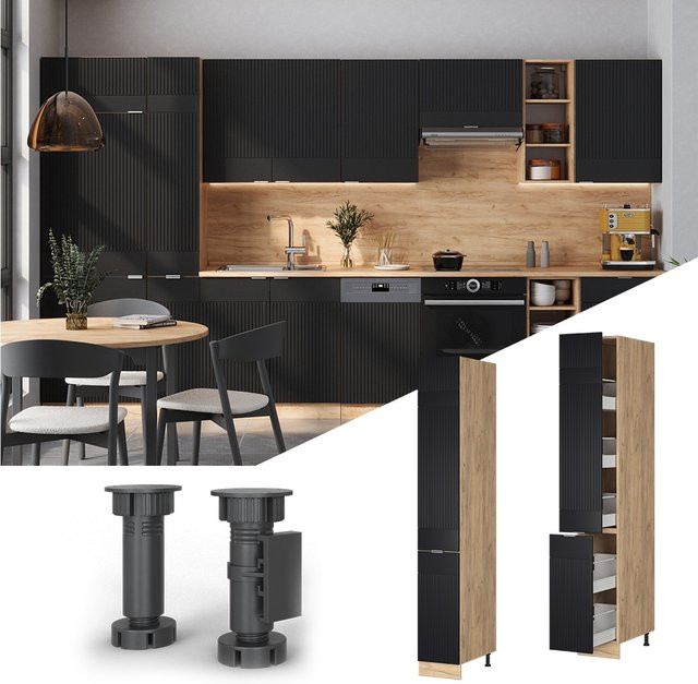 Vicco Apothekerhochschrank Fame-Line Eiche Schwarz gestreift mit Soft-Close-Türen - Bild 1
