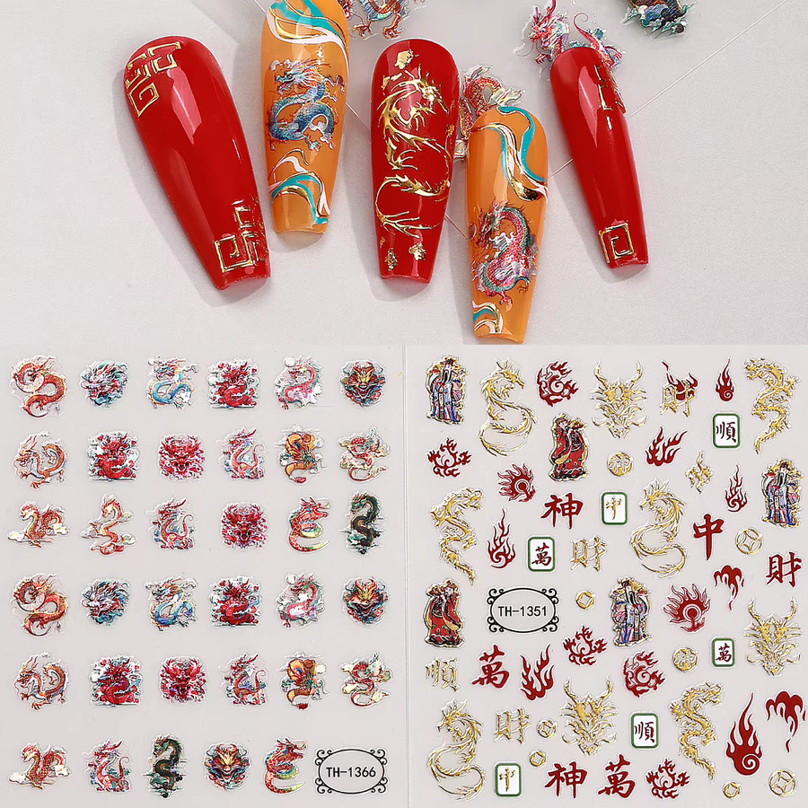 Nail Art Aufkleber, 3D Lotus Pflaumenblüte Drache, Glänzend, 2 Stück - Bild 1