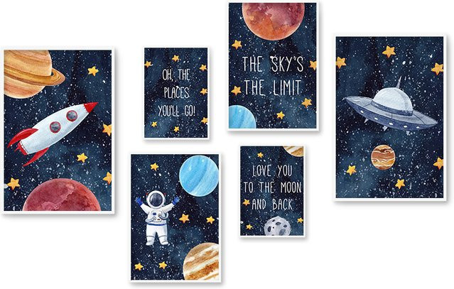 Potdemiel Wandbild Astronaut mit Rakete, Mond und Sternen im Nordic Design, Mehrfarbige Leinwand Kunst für das Kinderzimmer - Bild 1