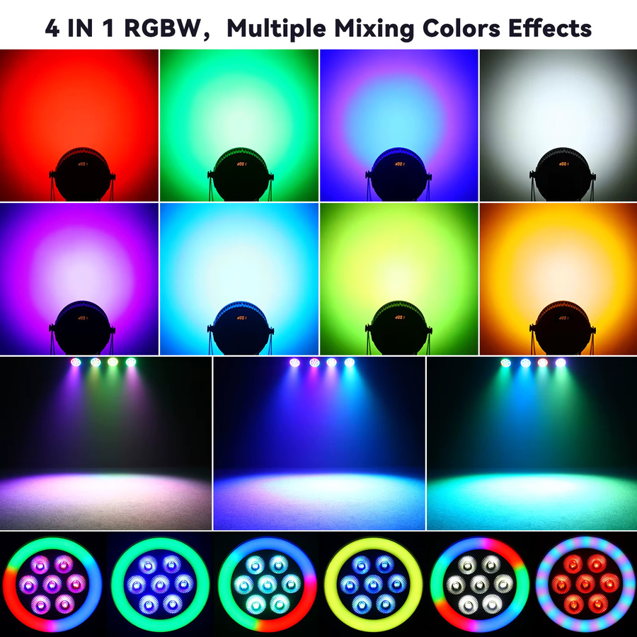 U'King 4er Set RGBW Par Licht mit 7 LEDs und 48 SMD Ringstreifen-Effekt für DJ, Disco und Party, Schwarz, B/T/H: 24,0 x 22,0 x 22,0 cm - Bild 2