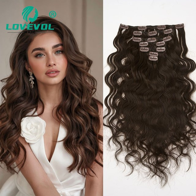 Lovevol Clip-in-Haarverlängerungen, Braune Natürliche Wellen, 100 % Echthaar, 7 Stück, 120 g - Bild 1