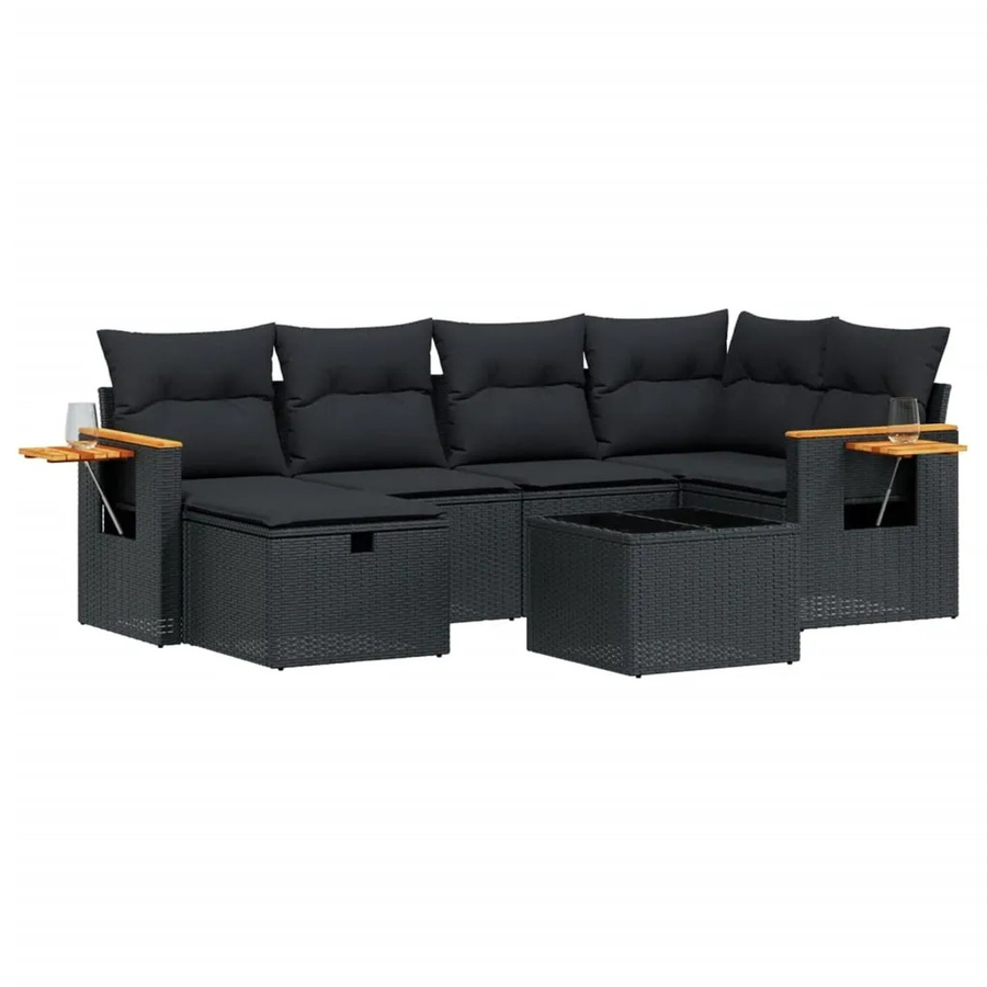 vidaXL 7-tlg Garten-Sofagarnitur in L-Form aus schwarzem PE-Rattan mit Kissen und pulverbeschichtetem Stahlgestell - Bild 2