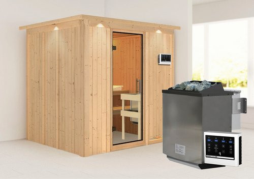 Karibu Sauna Rakvere aus Fichtenholz in Beige inklusive 9 kW Bio-Kombi-Saunaofen mit externer Steuerung für 3 Personen, B: 210 cm, T: 184 cm, H: 202 cm - Bild 1