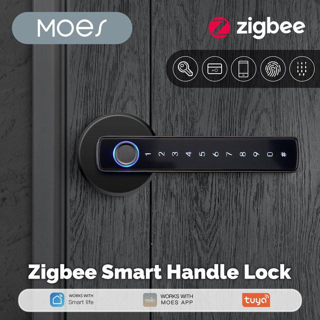 MOES Tuya ZigBee Smart Fingerabdruck-Türgriffschloss in Schwarz mit Passwort, IC-Karte und Schlüssellosem Zugang, kompatibel mit Alexa und Google Hub - Bild 1