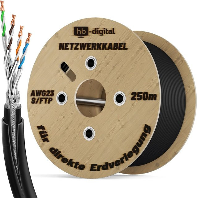 hb-digital CAT 7 Erdverlegekabel S/FTP Doppelmantel für Außenbereich, 250m, Schwarz - Bild 1