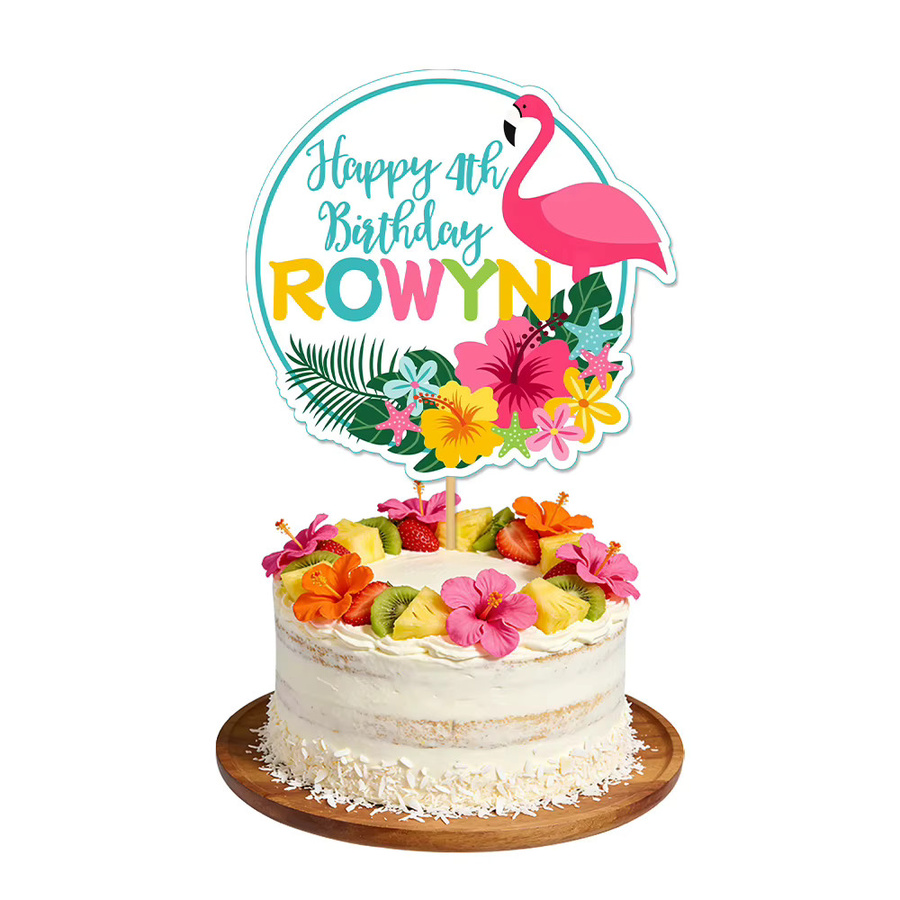 Personalisierte Tortendekoration mit Flamingo und Blumen in Multicolor, anpassbar mit Name und Alter für deine tropische Geburtstagsparty von cyuan - Bild 4