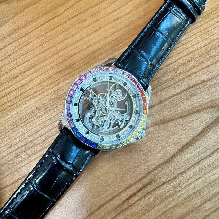 AOKULASIC Armbanduhr, Automatik, Edelstahl, Leder, Diamantbesetzt, Herren - Bild 3