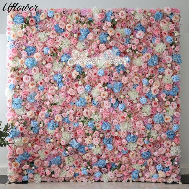 Uflower Roll-Up Vorhang mit 3D-Blumenmuster in Rosa, Blau und Lila als dekorativer Hintergrund für Hochzeiten und Partys - Bild 1