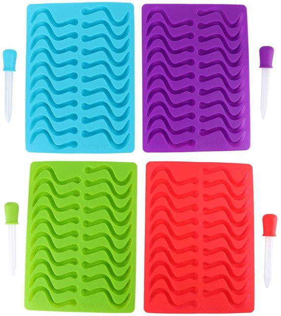 CosyHome 4er Set Silikon Fondant Form in Regenwurm Form mit Pipette, Farben: Rot, Blau, Grün und Lila - Bild 1