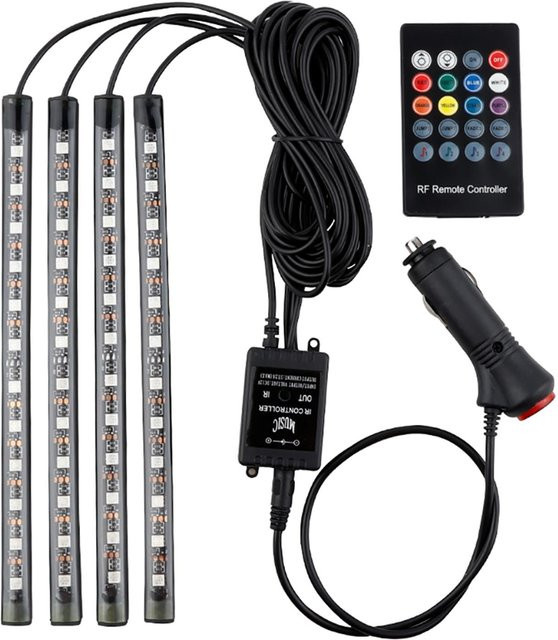 TOMTOP JMS 4er-Set Auto-LED-Lichtleisten mit 36 SMD-LEDs, mehrfarbig RGB, USB-Anschluss und Musik-Modus für die Innenbeleuchtung im Fahrzeug - Bild 1