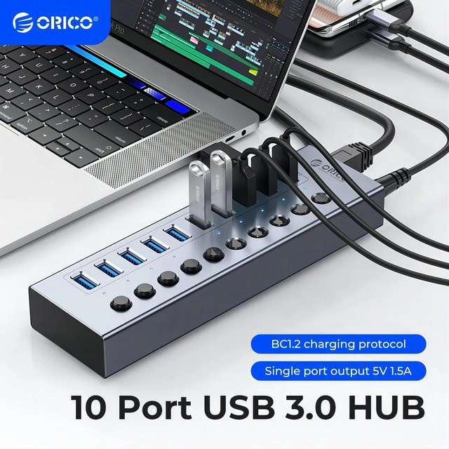 ORICO USB 3.0 Hub mit Ein-Aus-Schalter und Stromversorgung in Silber - Bild 1
