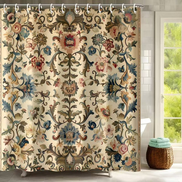 VIKAMA Vintage Ethno Blumen Duschvorhang Wasserdicht, Mehrfarbig, B/H: 180 x 90 cm - Bild 1