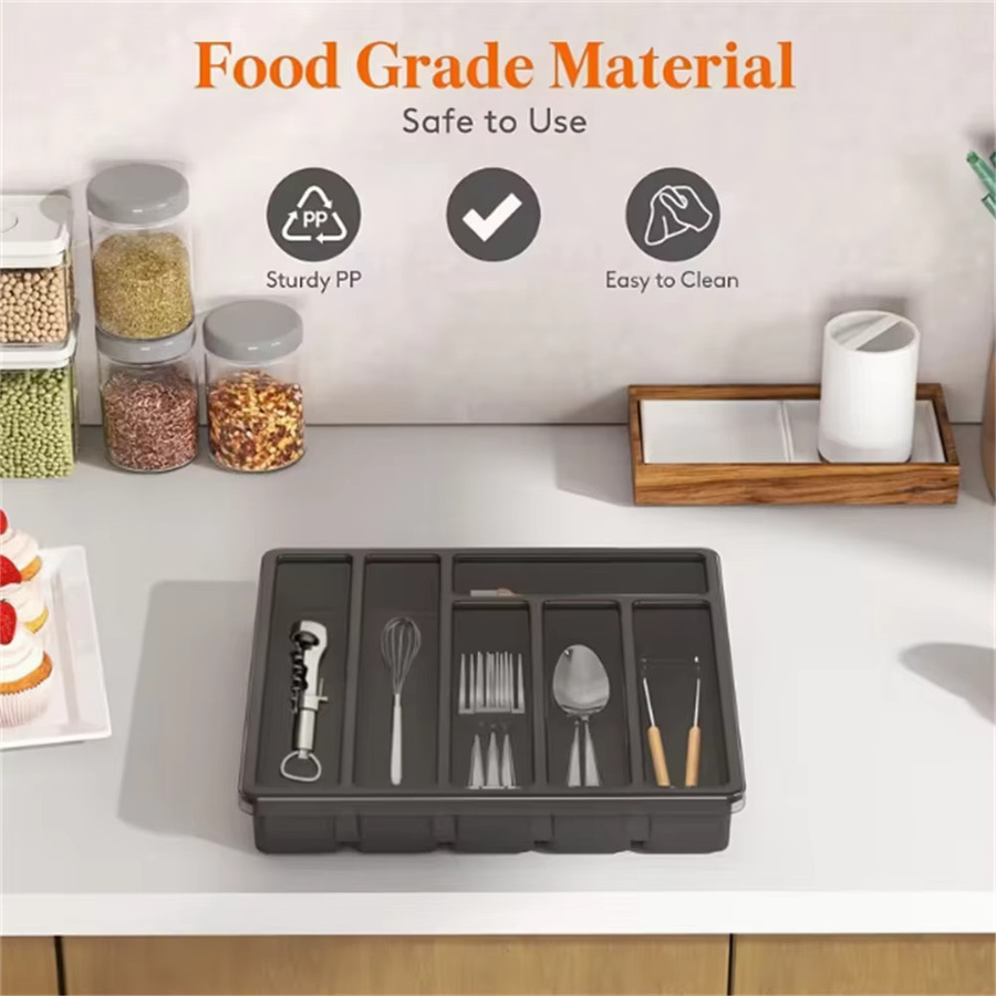 Besteckbox aus Kunststoff mit Trenner in Schwarz für Küchenschubladen und Arbeitsplatten, Breite: 32,0 cm, Höhe: 5,4 cm - Bild 4