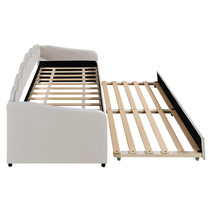 Flieks Schlafsofa Polsterbett aus Samt in Beige mit LED-Licht und Rollen, minimalistisches Gästebett für Kinder und Jugendliche, B/T/H: 213 x 99 x 87 cm - Bild 3