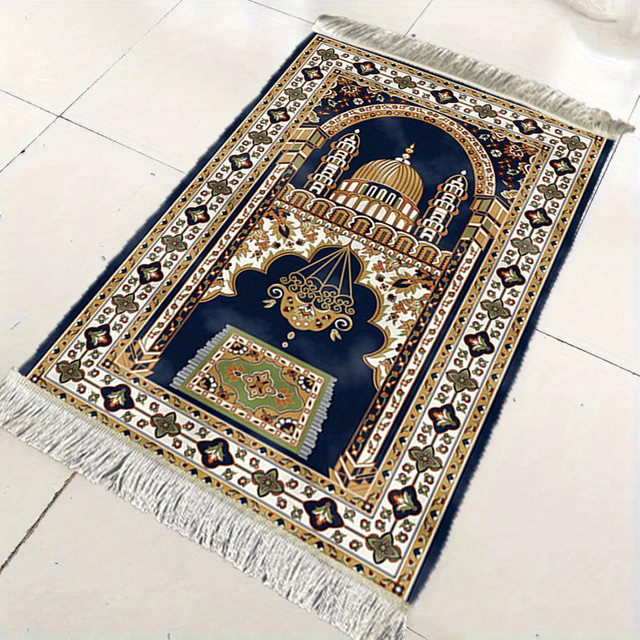 VIKAMA Muslimische Gebetsmatte mit blau-goldener Kuppel-Moschee, waschbar für Zuhause und Reisen - Bild 1