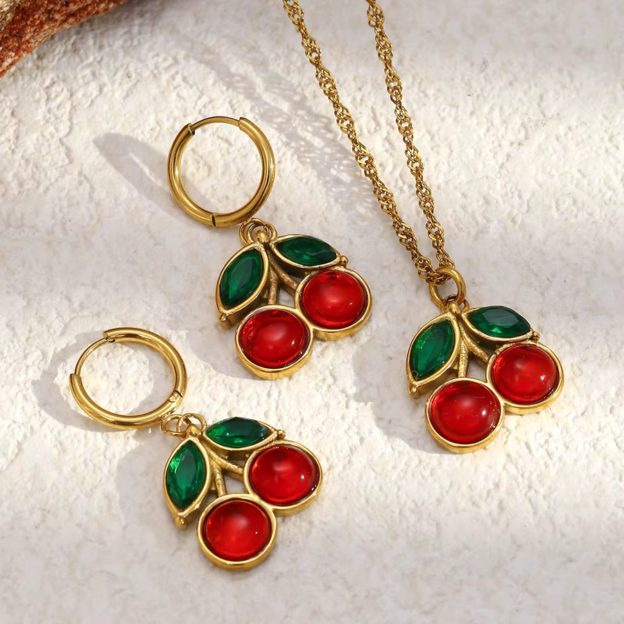 MamacitaSlay Schmuckset, Kirsche Anhänger, Halskette, Ohrringe, Edelstahl, Gold, Damen - Bild 2