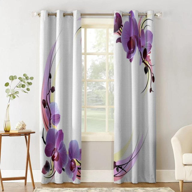 Super Six Fenster Vorhang mit lila Orchideen-Design, semi-transparent, B: 135 cm x H: 135 cm - Bild 1