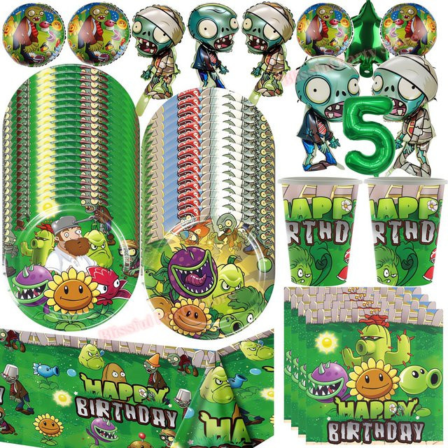 Potdemiel Plants vs. Zombies Geburtstagsparty-Dekorationsset in Multicolour mit Happy Birthday Banner, Tassen und Tellern für Kinder - Bild 1
