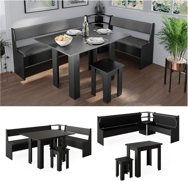 Vicco Eckbankgruppe Roman modern in Schwarz mit ausklappbarem Tisch und Sitzbank für Küche und Esszimmer - Bild 1