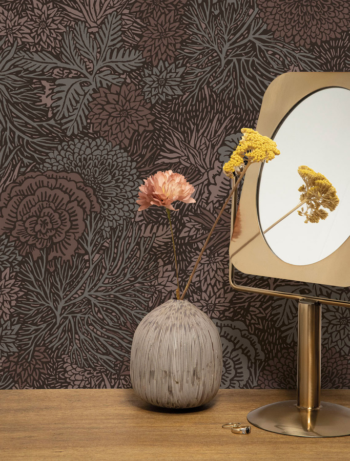 KEK Amsterdam Mural Wallpaper Rieder 4 - FR-016 mit floralem Art Nouveau Design in Braun, Grau und Pink - Bild 1
