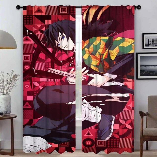 Elegante Demon Slayer Zimmervorhänge, 2-teilig, halbtransparent, Mehrfarbig, B: 50 cm, H: 70 cm - Bild 1