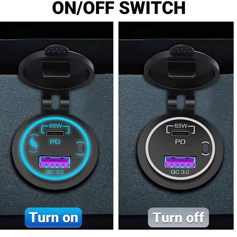 Velev 85W USB Auto Ladegerät mit PD Typ C und QC 3.0, Wasserdichter Adapter mit Schalter für 12V 24V Auto Lkw Boot, Schwarz - Bild 4