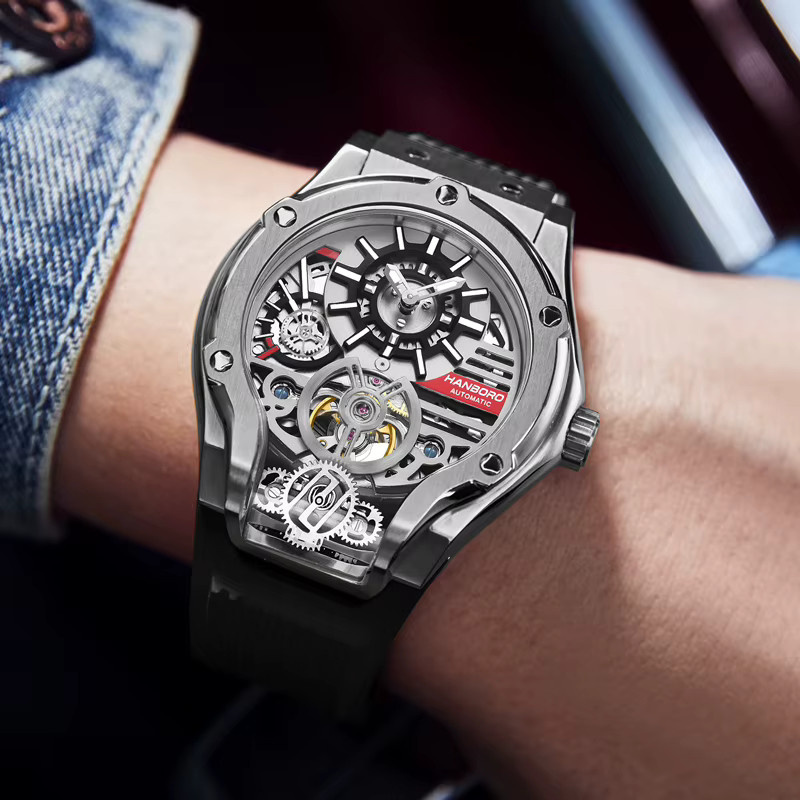 HANBORO Automatik Armbanduhr, Edelstahl, Silber, Silikon, Herren - Bild 2
